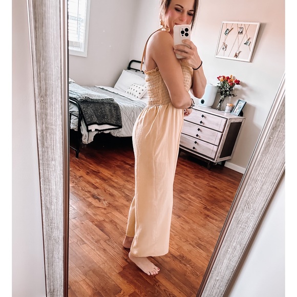 she + sky yellow smocked strapless wide leg jumpsuit - Picture 3 of 5